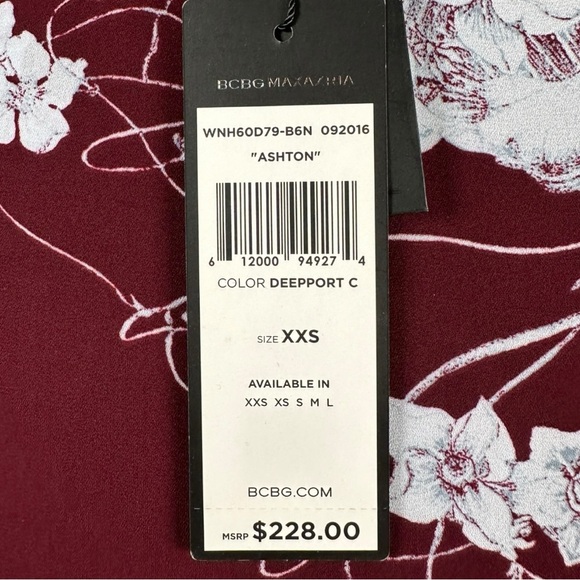NWT BCBG Max Azria Ashton Port Burgundy Floral Long Sleeve Two Layer Dress XXS - Picture 8 of 11